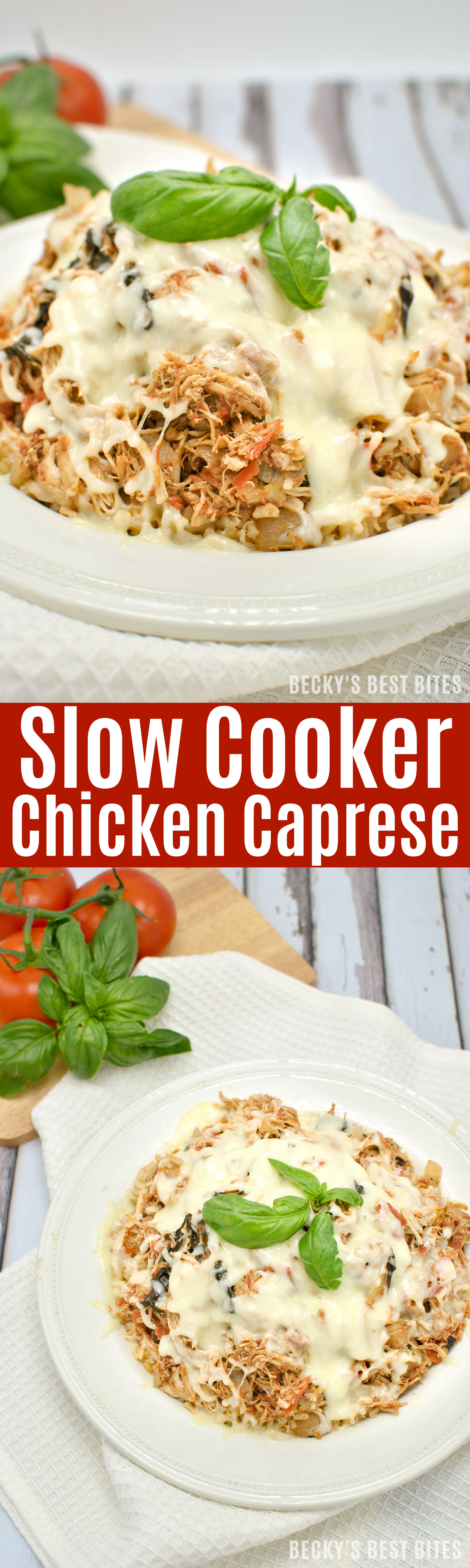 Slow Cooker Chicken Caprese is an easy, healthy dinner recipe for a perfect meal as the weather warms up. Enjoy all the flavors of the classic salad tonight and let the crock pot do all the work!! | beckysbestbites.com