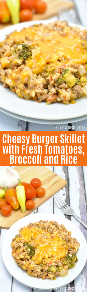 Cheesy Burger Skillet with Fresh Tomatoes, Broccoli and Rice is a healthy & easy one-pot weekday dinner recipe that is ready in 30 minutes or less. A new family meal favorite that includes fresh veggies and brown rice so you can feel good about serving it and the kiddos will love it!| beckysbestbites.com