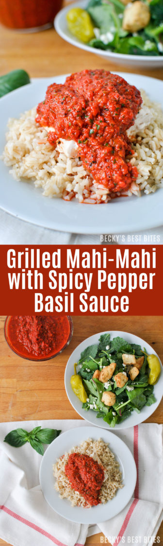 Grilled Mahi-Mahi with Spicy Pepper Basil Sauce is a healthy dinner recipe that is perfect for summer grilling, family BBQs or any outdoor entertaining! Enter the Mezzetta Bold, Bright Summer Giveaway for a chance to win a $500 Summer Grilling Kit! #BoldBrightSummer #ad | beckysbestbites.com