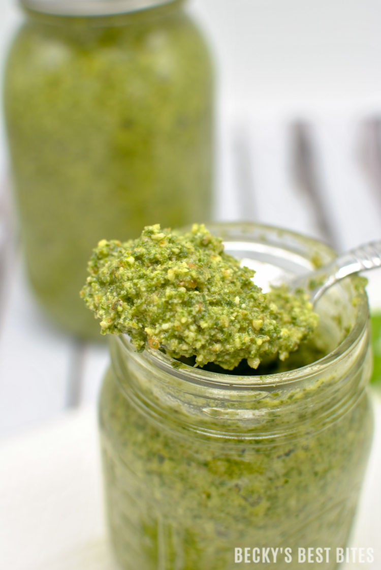 Lemon Mint Pesto is an unique version of the classic recipe. It is refreshing and bursting with summertime flavors! Also very versatile and can be used in just about anything from pasta dishes to chicken to seafood dinner meals. | beckysbestbites.com