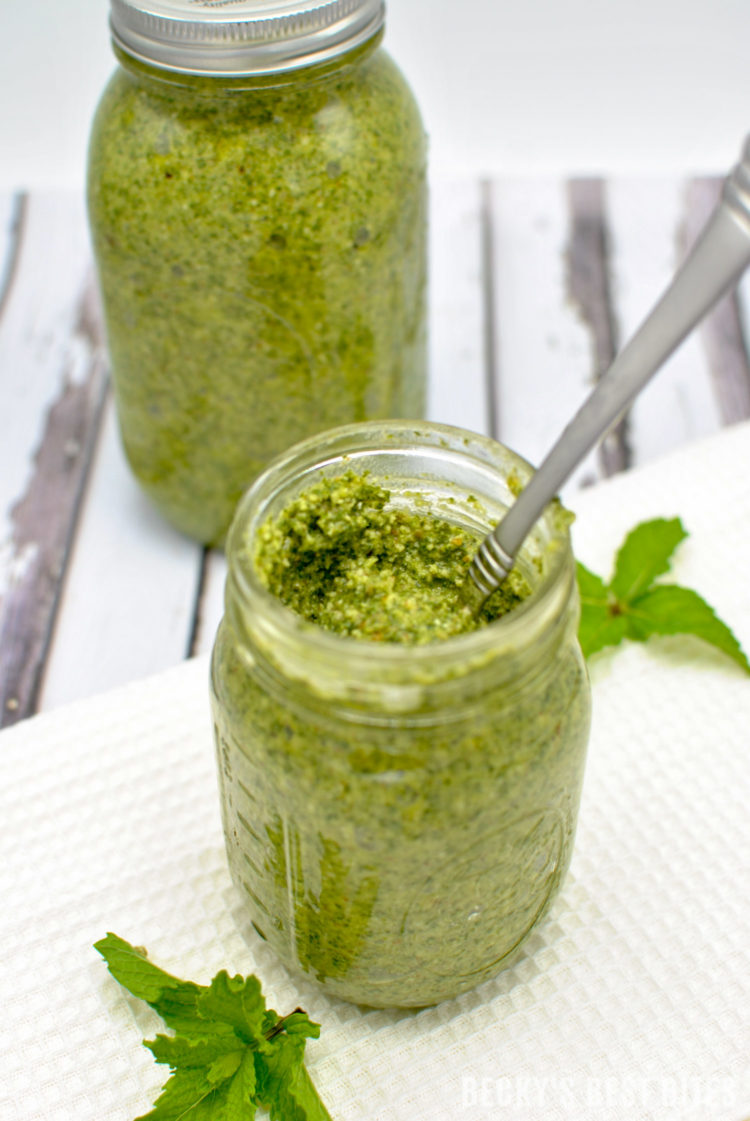 Lemon Mint Pesto is an unique version of the classic recipe. It is refreshing and bursting with summertime flavors! Also very versatile and can be used in just about anything from pasta dishes to chicken to seafood dinner meals. | beckysbestbites.com