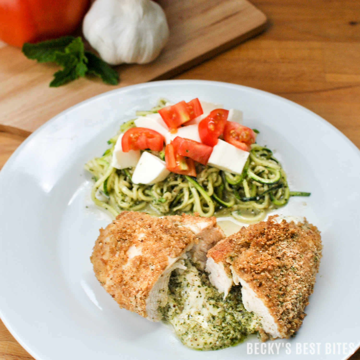 Lemon Mint Pesto and Mozzarella Stuffed Chicken with Zoodles is healthy and easy for any family meal or entertaining! Cooking Italian food doesn’t have to be complicated! Try this tasty recipe made with Stella® Fresh Mozzarella! | beckysbestbites.com #FreshisBest