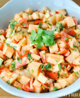 Summer Garden Fresh Cantaloupe Salsa is a healthy & unique version of the mexican appetizer dip. Sweet and savory flavors from cantaloupe, tomatoes, peppers, lime, garlic and cilantro come together for a winning combo! | beckysbestbites.com