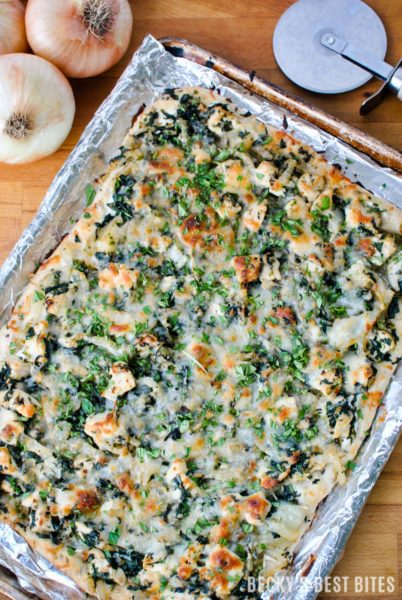 Goat Cheese, Spinach and Caramelized Onion Chicken Pizza