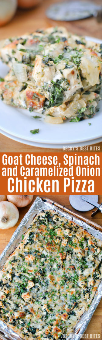 Goat Cheese, Spinach and Caramelized Onion Chicken Pizza is a delicious, frugal family dinner recipe when pizza cravings hit! Super easy and packed with veggies, fiber & protein, moms can feel better about serving this pizza then calling the local pizza delivery service!| beckysbestbites.com