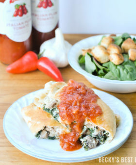 Turkey Sausage and Kale Calzones are a crowd-pleasing, healthy dinner recipe idea that is ready in under an hour. Mezzetta Marinara Sauce is simple, rich & real and complements this dish with perfection! #TheStoryofSauce #MarinaraSauce #ad | beckysbestbites.com