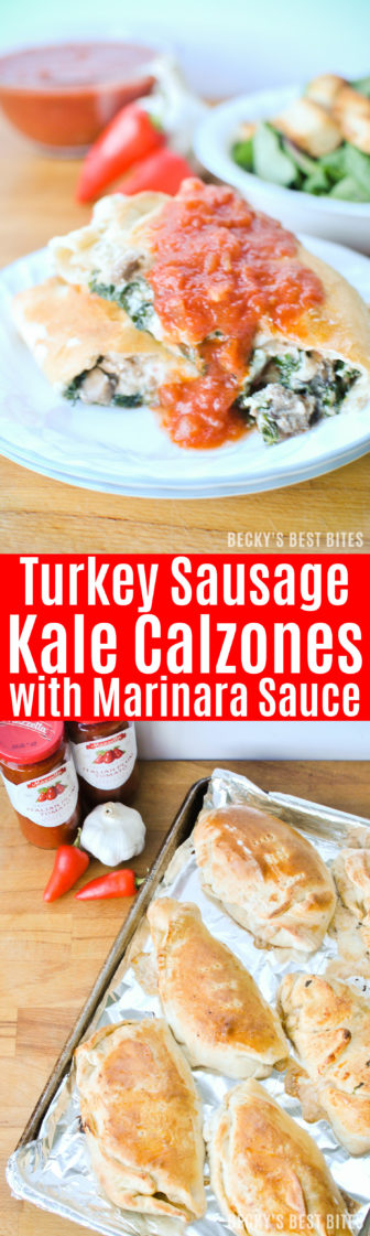 Turkey Sausage and Kale Calzones are a crowd-pleasing, healthy dinner recipe idea that is ready in under an hour. Mezzetta Marinara Sauce is simple, rich & real and complements this dish with perfection! #TheStoryofSauce #MarinaraSauce #ad | beckysbestbites.com