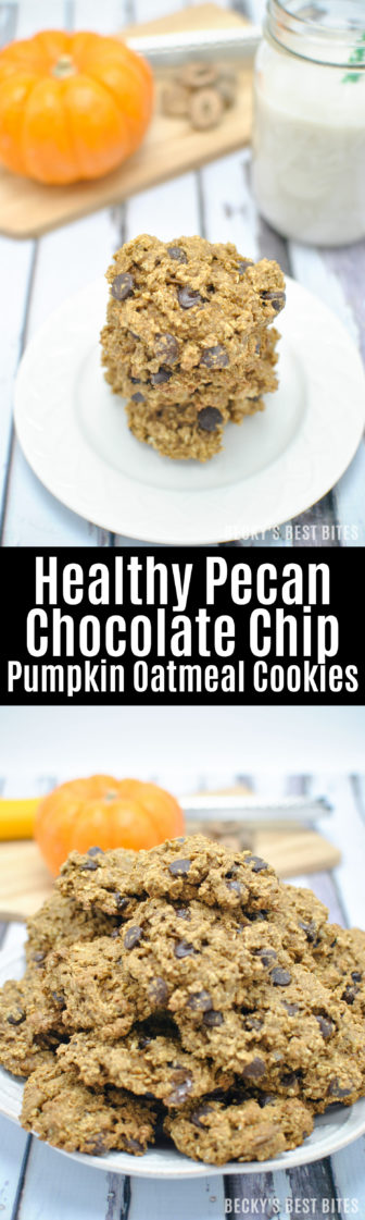 Healthy Pecan Chocolate Chip Pumpkin Oatmeal Cookies are a fall treat with no guilt! They include no butter or oil, are loaded with wholesome ingredients and lower in sugar than many cookies so indulge your sweet tooth and feel good about it!! | beckysbestbites.com