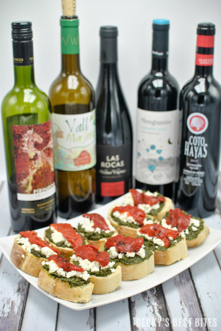 Kale Pesto Goat Cheese Crostini with Roasted Red Pepper + Wines of Garnacha | beckysbestbites.com