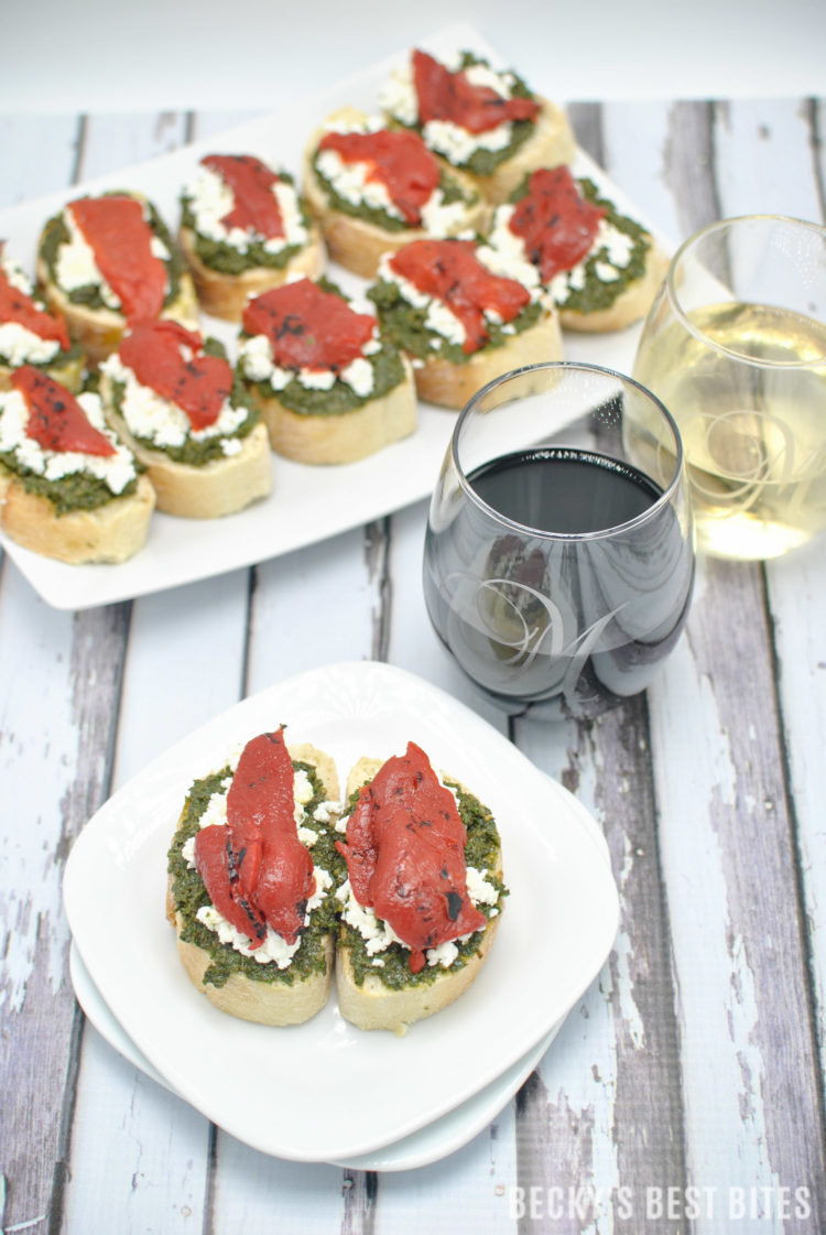 Kale Pesto Goat Cheese Crostini with Roasted Red Pepper + Wines of Garnacha | beckysbestbites.com