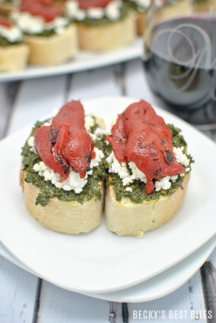 Kale Pesto Goat Cheese Crostini with Roasted Red Pepper + Wines of Garnacha | beckysbestbites.com