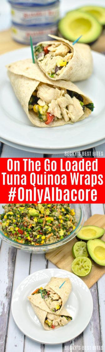 On The Go Loaded Tuna Quinoa Wraps is an healthy idea for quick and easy 30 Minute Back-to-School Meals! They are loaded with Bumble Bee® Solid White Albacore in Water, heart-healthy avocado and lots of veggies all wrapped up in a whole grain tortilla. Perfect for quick dinners, dinners on the run or pack up the leftovers for great back-to-school lunches! @BumbleBeeFoods #OnlyAlbacore #CG #ad | beckysbestbites.com