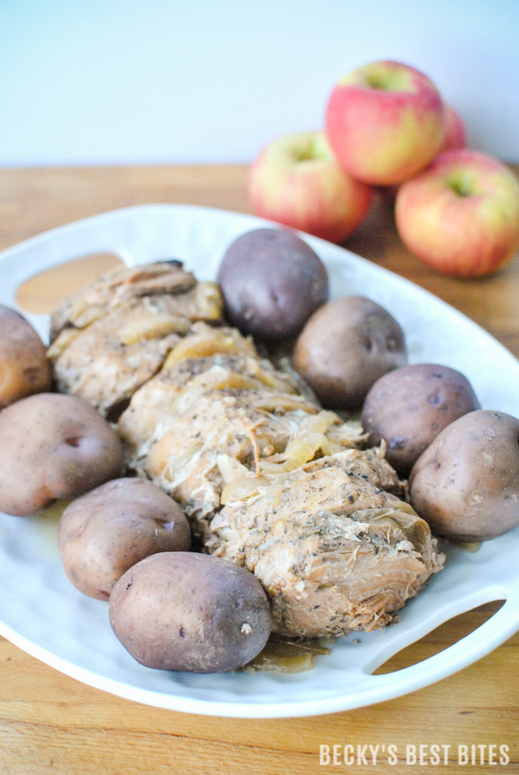 Slow Cooker Apple, Roasted Garlic & Herb Pork Loin with New Potatoes | beckysbestbites.com