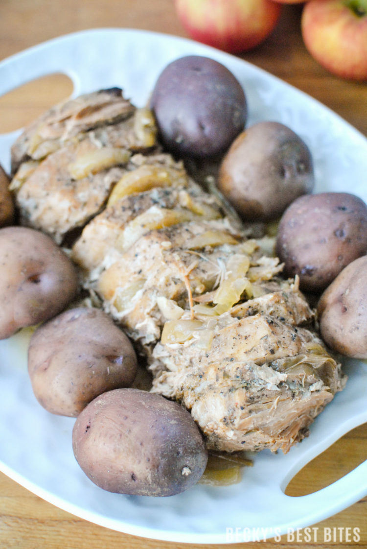 Slow Cooker Apple, Roasted Garlic & Herb Pork Loin with New Potatoes | beckysbestbites.com