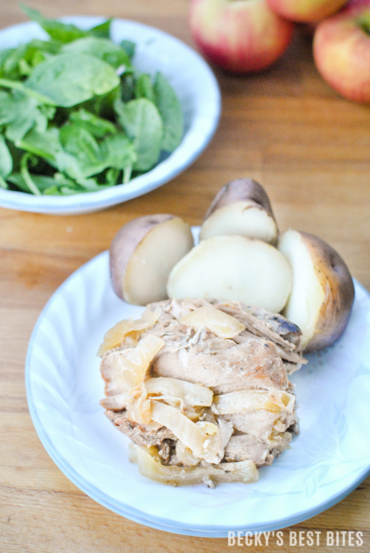 Slow Cooker Apple, Roasted Garlic & Herb Pork Loin with New Potatoes | beckysbestbites.com