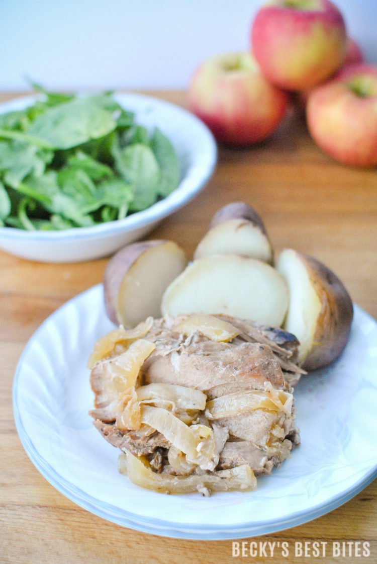 Slow Cooker Apple, Roasted Garlic & Herb Pork Loin with New Potatoes | beckysbestbites.com