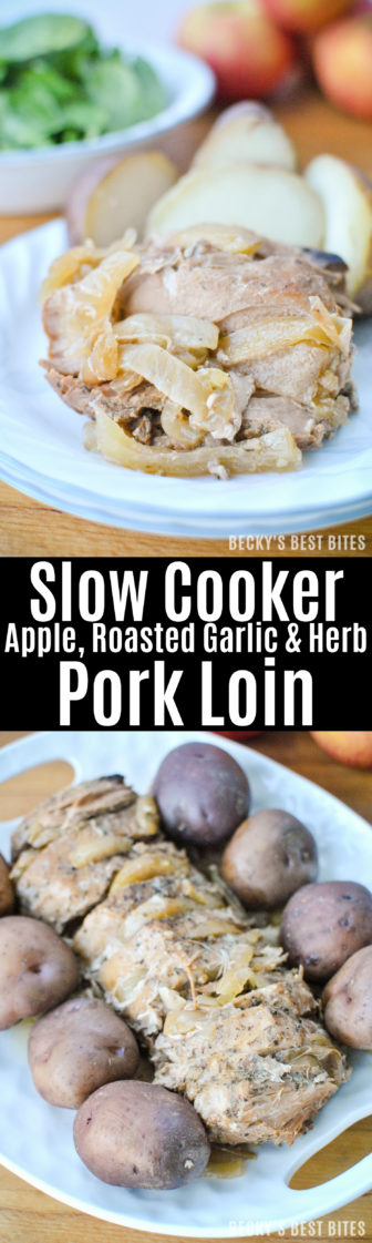 Slow Cooker Apple, Roasted Garlic & Herb Pork Loin with New Potatoes is an easy, family-friendly recipe perfect for busy fall schedules thanks to Smithfield® Marinated Fresh Pork! You just need ten minutes of prep in the morning to come home to a delicious fall meal that the whole family will love! #RealFlavorRealFast #ad | beckysbestbites.com