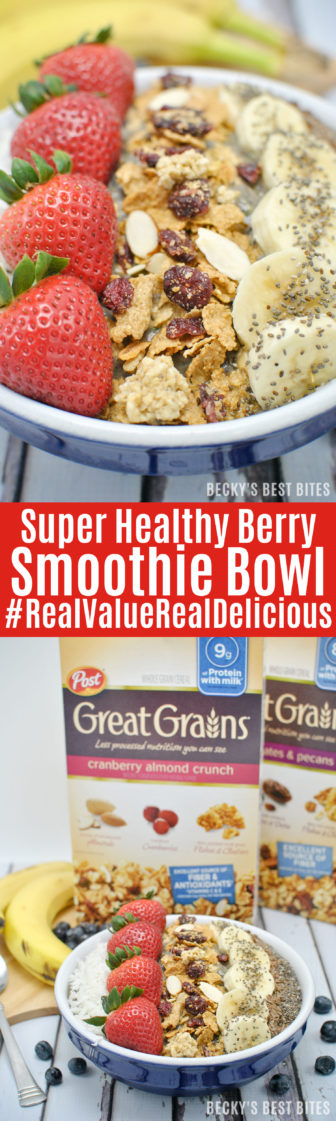 Healthy morning routines are easy with Super Healthy Berry Smoothie Bowl and Great Grains Cereal! These berry smoothie bowls are thick, creamy, delicious and packed with nutrients fuel your day! | beckysbestbites.com #RealValueRealDelicous #ad