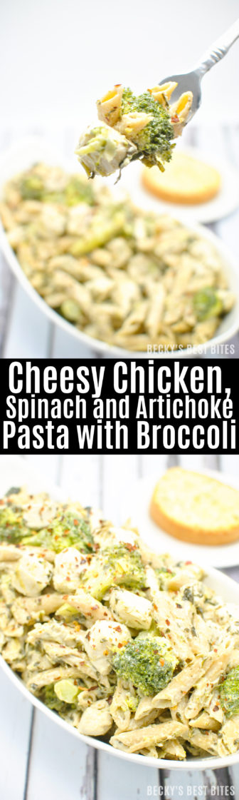 Cheesy Chicken, Spinach and Artichoke Pasta with Broccoli is a comfort food family dinner recipe that will feed a crowd using leftover game day dip! Ready in 30 minutes or less!! | beckysbestbites.com