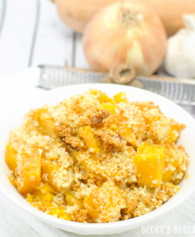 Healthier Butternut Squash Casserole with Panko Parmesan Breadcrumb Topping uses Kikkoman Panko bread crumbs for the perfect holiday side dish recipe for the Christmas/Hanukkah season! | beckysbestbites.com