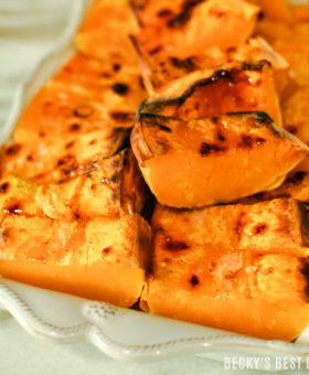 Easiest Roasted Butternut Squash is a simple and healthy holiday side dish recipe. No peeling, 5 minutes of prep work and let the oven do the rest of the work for this wholesome addition to your festive menu! beckysbestbites.com