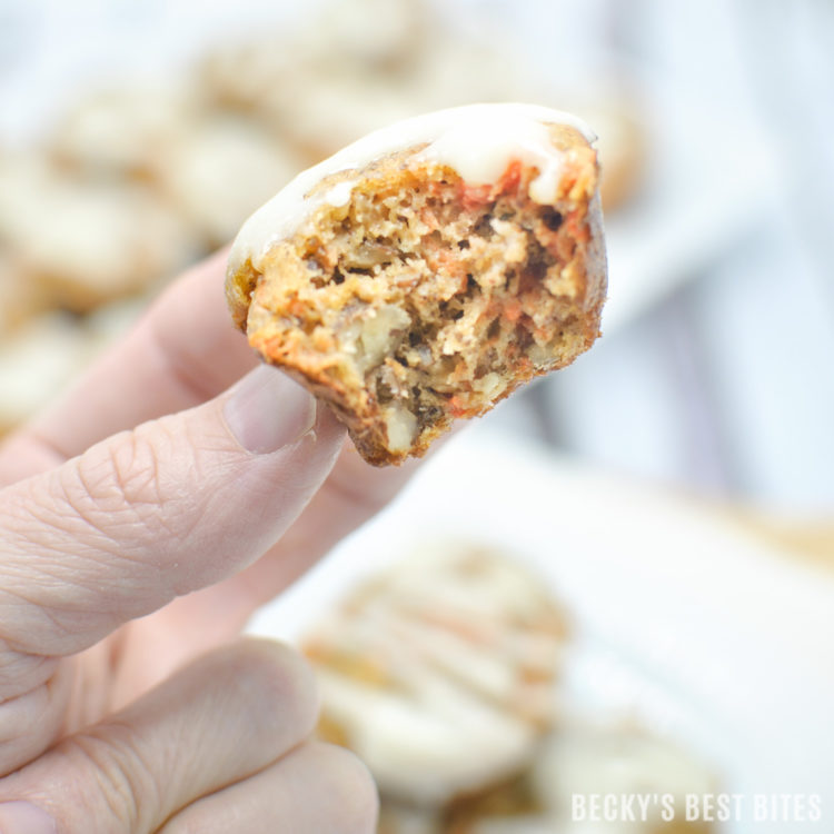 Mini Carrot Cake Muffins with Cream Cheese Drizzle are a healthy baking recipes that bring Holiday Cheer using almond flour, greek yogurt, carrots and pecans with holiday spices like spices like cinnamon, nutmeg and ginger #BobsHolidayCheer @BobsRedMill | beckysbestbites.com