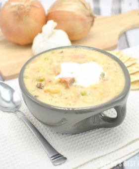 Slow Cooker Ham and Potato Soup is a quick, easy and yummy recipe way to use up those holiday leftovers! Reinvent the remaining, uneaten food into a comforting soup to warm you up on a chilly, winter night. | beckysbestbites.com