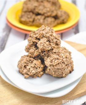 Peanut Butter Chocolate Protein Breakfast Cookies are a super easy & healthy recipe containing no added sugar or flour, limited ingredients & they are fresh out of the oven and ready in 15 minutes! | beckysbestbites.com