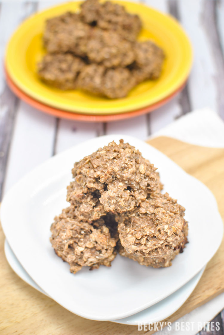 Peanut Butter Chocolate Protein Breakfast Cookies are a super easy & healthy recipe containing no added sugar or flour, limited ingredients & they are fresh out of the oven and ready in 15 minutes! | beckysbestbites.com