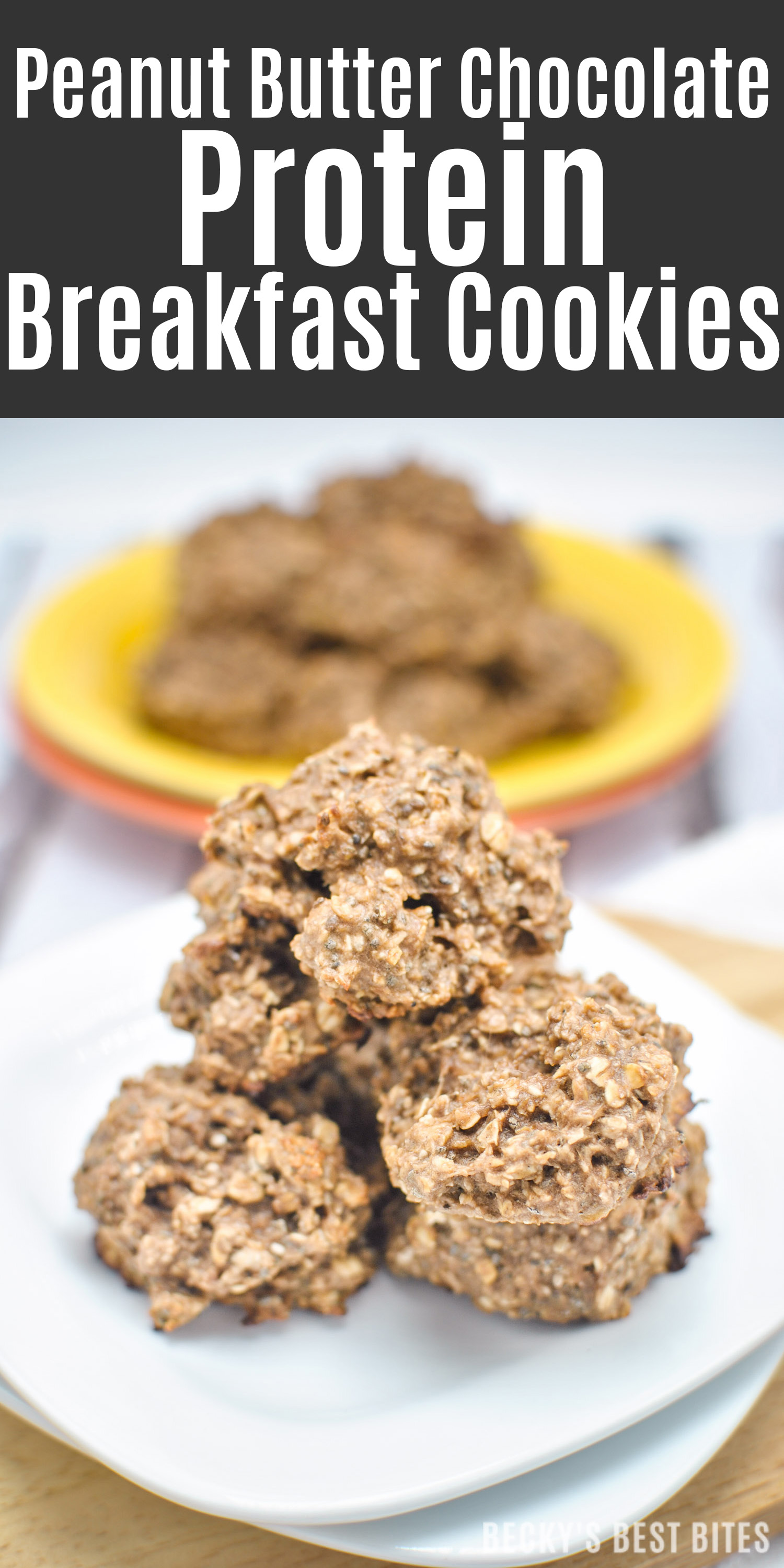 Peanut Butter Chocolate Protein Breakfast Cookies are a super easy & healthy recipe containing no added sugar or flour, limited ingredients & they are fresh out of the oven and ready in 15 minutes! | beckysbestbites.com