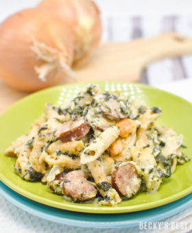 Spinach Alfredo Pasta Bake with Sausage is an easy weeknight dinner recipe made with a healthy and lighter version of the classic alfredo sauce using no butter, heavy cream or cream cheese. | beckysbestbites.com