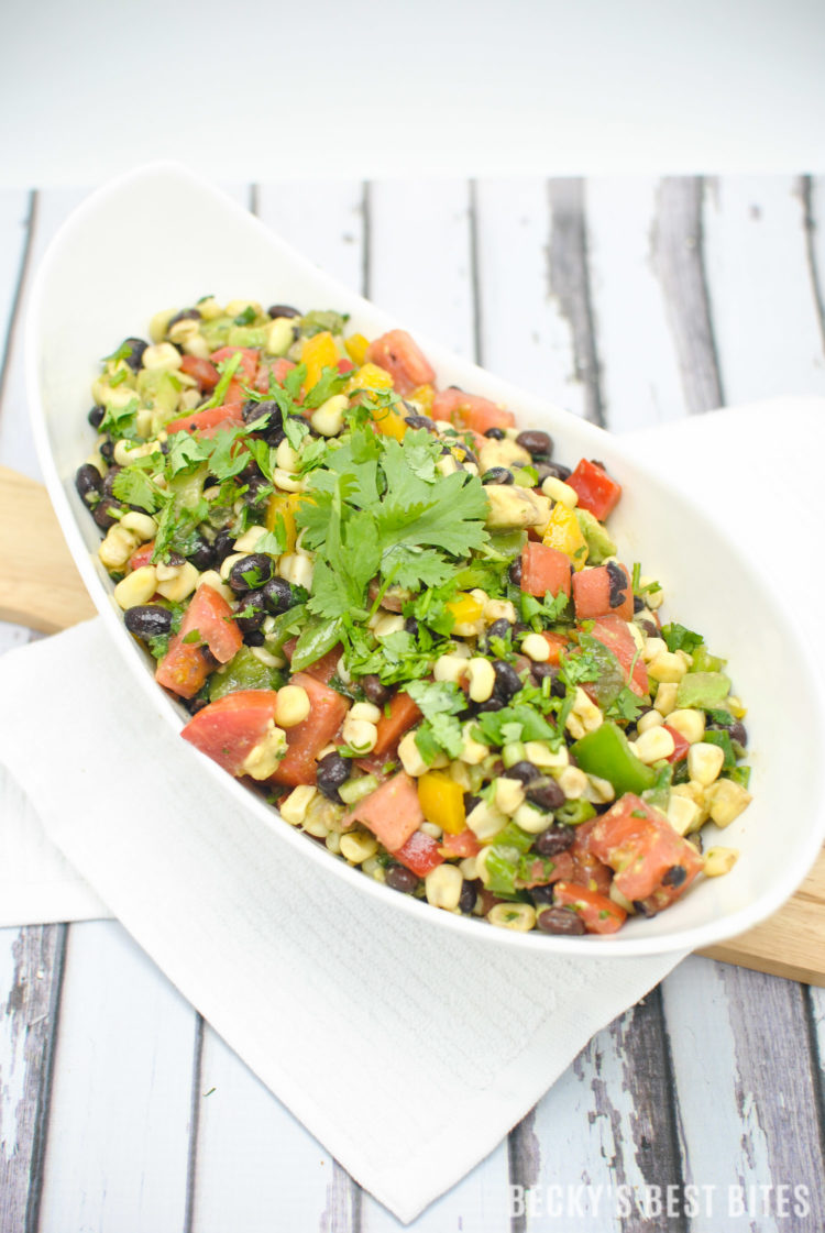 Southwest Black Bean and Corn Salad / Salsa is a beautiful, quick and easy side dish for grilled meats. Use as an healthy appetizer for a game day spread. | beckysbestbites.com