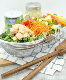 Albacore Tuna Kale Salad with a Simple Lemon Dijon Vinaigrette is a delicious tuna recipe that is good for you and the environment featuring Wild Selections® Solid White Albacore Tuna in Water. | beckysbestbites.com