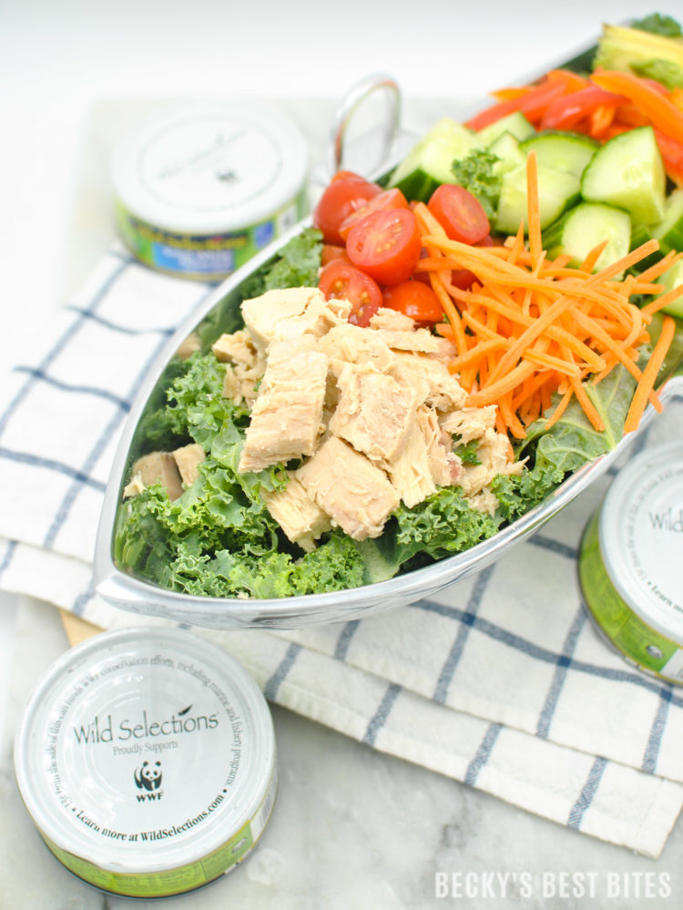 Albacore Tuna Kale Salad with a Simple Lemon Dijon Vinaigrette is a delicious tuna recipe that is good for you and the environment featuring Wild Selections® Solid White Albacore Tuna in Water. #ad #WildSelections #EarthDay | beckysbestbites.com