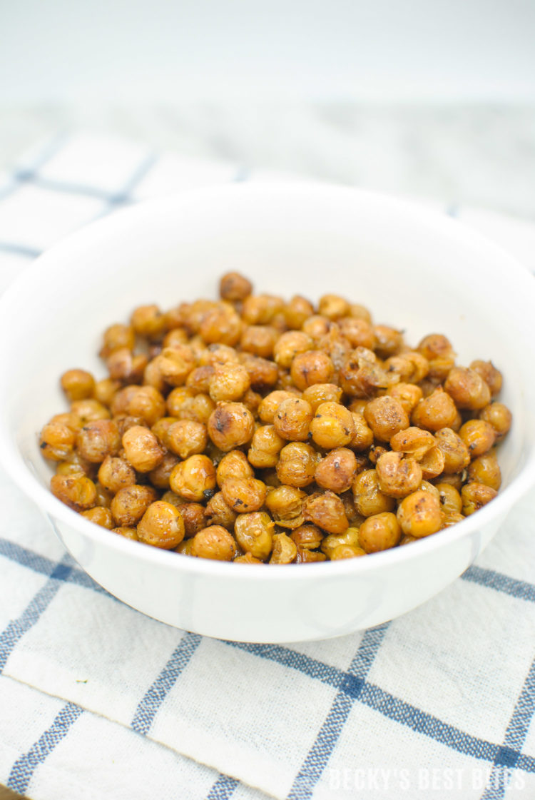 Easy Oven Roasted Chickpeas are a low calorie, protein and fiber rich snack or a nutritious crunchy topping for your favorite salad. | beckysbestbites.com