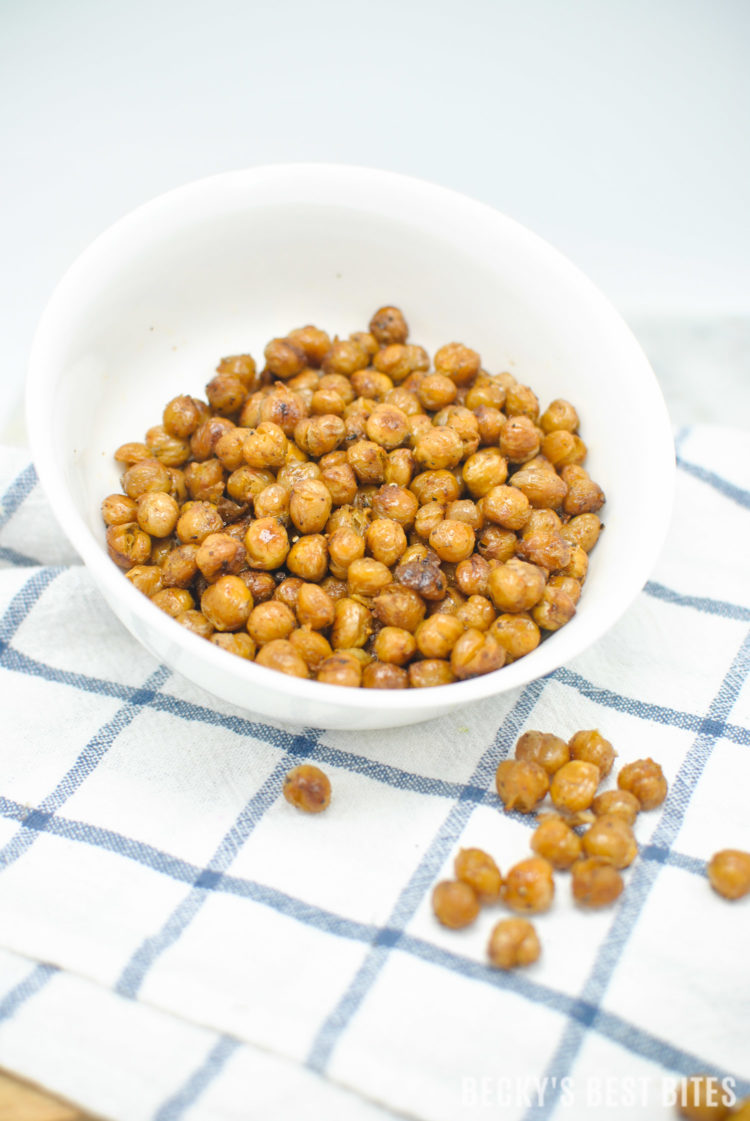 Easy Oven Roasted Chickpeas are a low calorie, protein and fiber rich snack or a nutritious crunchy topping for your favorite salad. | beckysbestbites.com