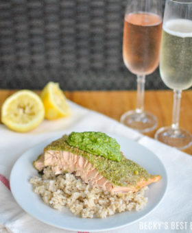 Basil and Dill Pesto Crusted Baked Salmon is a healthy and delicious dinner recipe, suitable for a special occasion but easy enough for any busy weeknight or a Sunday supper! #GloriaFerrer #CLVR #ad