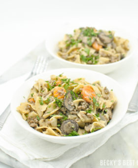 Lean Ground Beef Stroganoff is a healthy weeknight dinner recipe, ready in 30 minutes. Just a few easy and healthier swaps, like greek yogurt and whole grain noodles, make this classic comfort food easier on the waistline. The use of one unique ingredient in this version is the key to the depth of flavor. | beckysbestbites.com