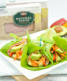 Carb Conscious Lettuce Wraps with Roasted Garlic Homemade Hummus and Fresh Veggies are a quick, easy and nutritious lunch recipe using wholesome HORMEL® NATURAL CHOICE® lunchmeat for a clean eating meal idea. | beckysbestbites.com