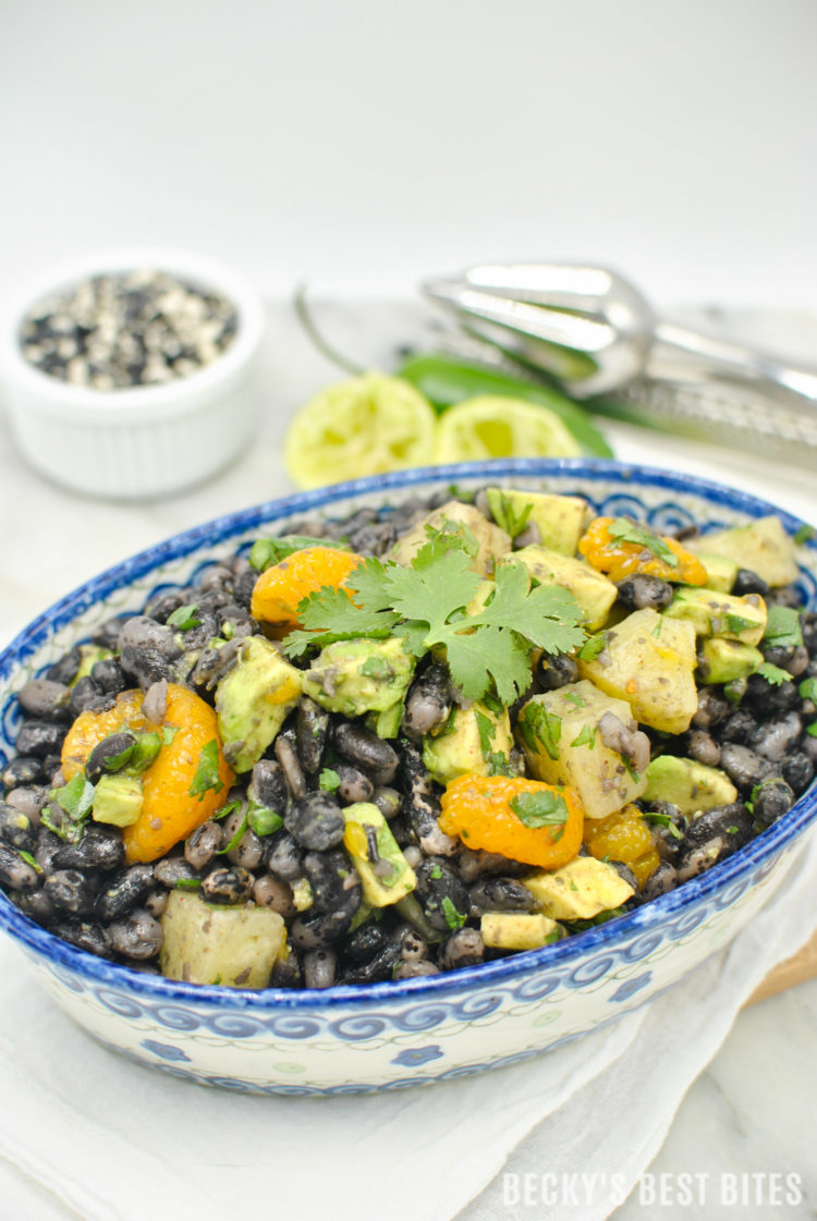 Tropical Cowboy Caviar is a healthy appetizer recipe perfect for Cinco de Mayo celebrations! A unique twist on the popular version featuring orca beans, tropical fruits like pineapple and mandarin oranges & creamy avocado. | beckysbestbites.com