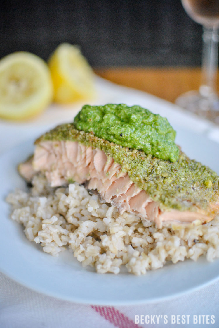 Basil and Dill Pesto Crusted Baked Salmon is a healthy and delicious dinner recipe, suitable for a special occasion but easy enough for any busy weeknight or a Sunday supper! #GloriaFerrer #CLVR #ad | beckysbestbites.com