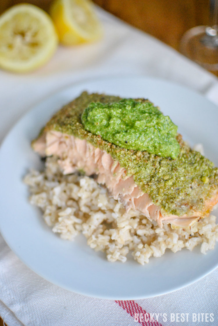 Basil and Dill Pesto Crusted Baked Salmon is a healthy and delicious dinner recipe, suitable for a special occasion but easy enough for any busy weeknight or a Sunday supper! #GloriaFerrer #CLVR #ad