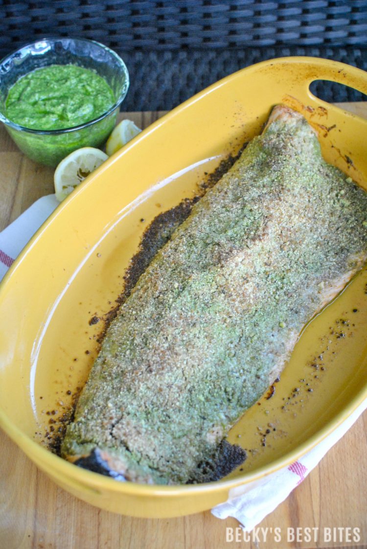 Basil and Dill Pesto Crusted Baked Salmon is a healthy and delicious dinner recipe, suitable for a special occasion but easy enough for any busy weeknight or a Sunday supper! #GloriaFerrer #CLVR #ad | beckysbestbites.com