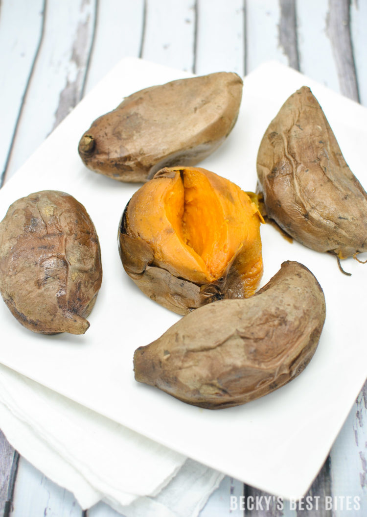 Slow Cooker Sweet Potatoes is the easiest way to cook these antioxidant & fiber rich gems! They are healthy, inexpensive, versatile & readily available too, which makes them a staple in a healthy diet! | beckysbestbites.com