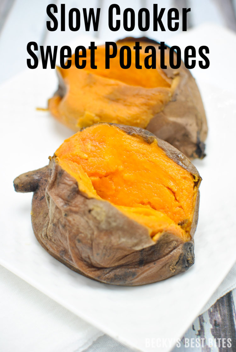 Slow Cooker Sweet Potatoes is the easiest way to cook these antioxidant & fiber rich gems! They are healthy, inexpensive, versatile & readily available too, which makes them a staple in a healthy diet! | beckysbestbites.com