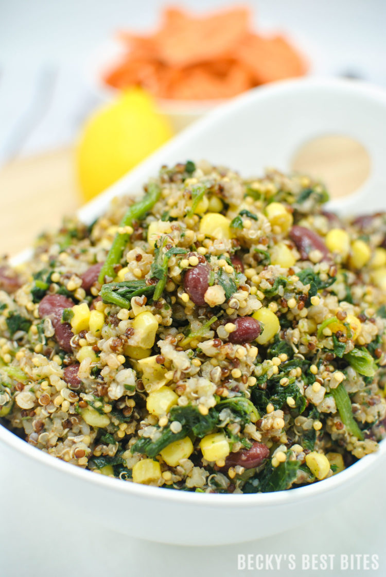 Spinach, Corn, Bean Fiesta Quinoa Bowl with Quick Lemon Dijon Dressing is a quick, easy and healthy vegan lunch or dinner recipe. Super versatile, veggie-filled, protein-rich bowl or salad with zesty summertime flavors that travels well. | beckysbestbites.com