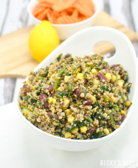 Spinach, Corn, Bean Fiesta Quinoa Bowl with Quick Lemon Dijon Dressing is a quick, easy and healthy vegan lunch or dinner recipe. Super versatile, veggie-filled, protein-rich bowl or salad with zesty summertime flavors that travels well. | beckysbestbites.com