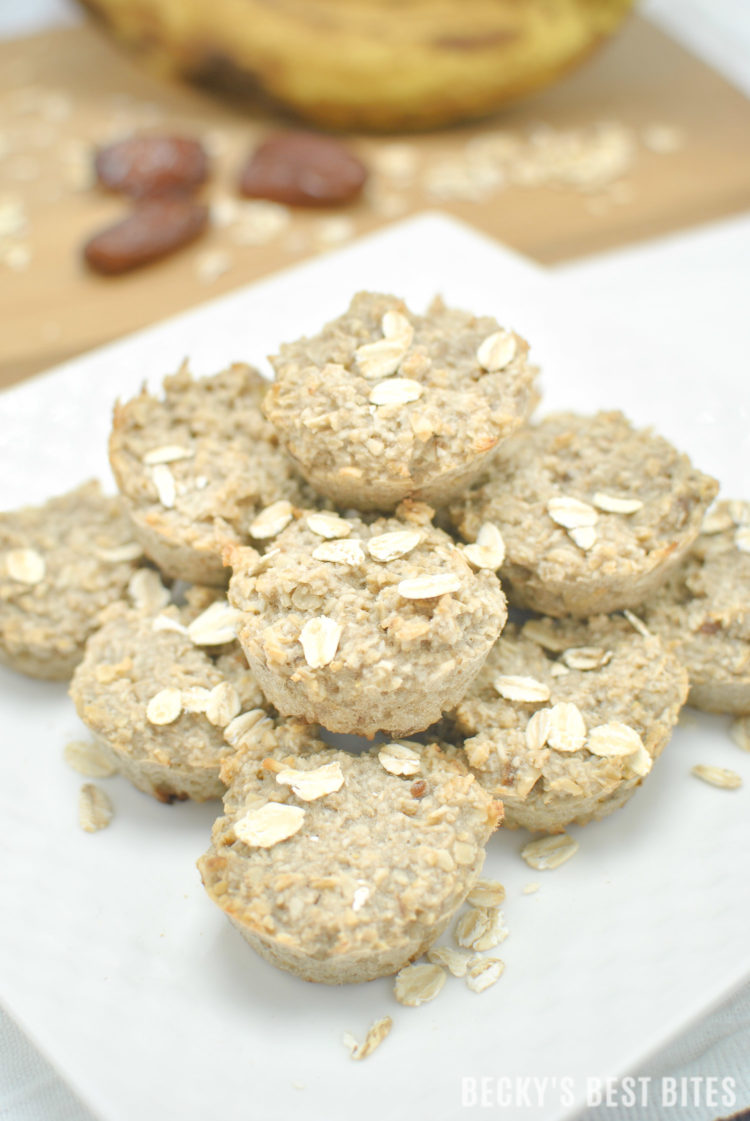 Sugar Free Baby Oat Bites | Healthy & easy recipe perfect for baby led weaning! These nutritional nibbles are sweetened naturally with ripe bananas and dates. Super easy for little hands to grab and feed themselves. They are portable for on-the-go meals or snacks and freeze beautifully! | beckysbestbites.com