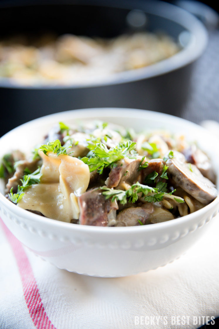 Weeknight Mushroom and Beef Stroganoff Skillet is a quick, easy and healthy dinner recipe that is ready in 30 minutes or less.  This one pot meal is sure to become a family favorite and the easy clean-up is another plus! | beckysbestbites.com