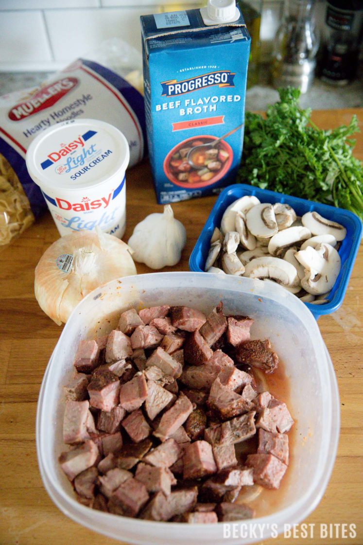 Weeknight Mushroom and Beef Stroganoff Skillet is a quick, easy and healthy dinner recipe that is ready in 30 minutes or less.  This one pot meal is sure to become a family favorite and the easy clean-up is another plus! | beckysbestbites.com